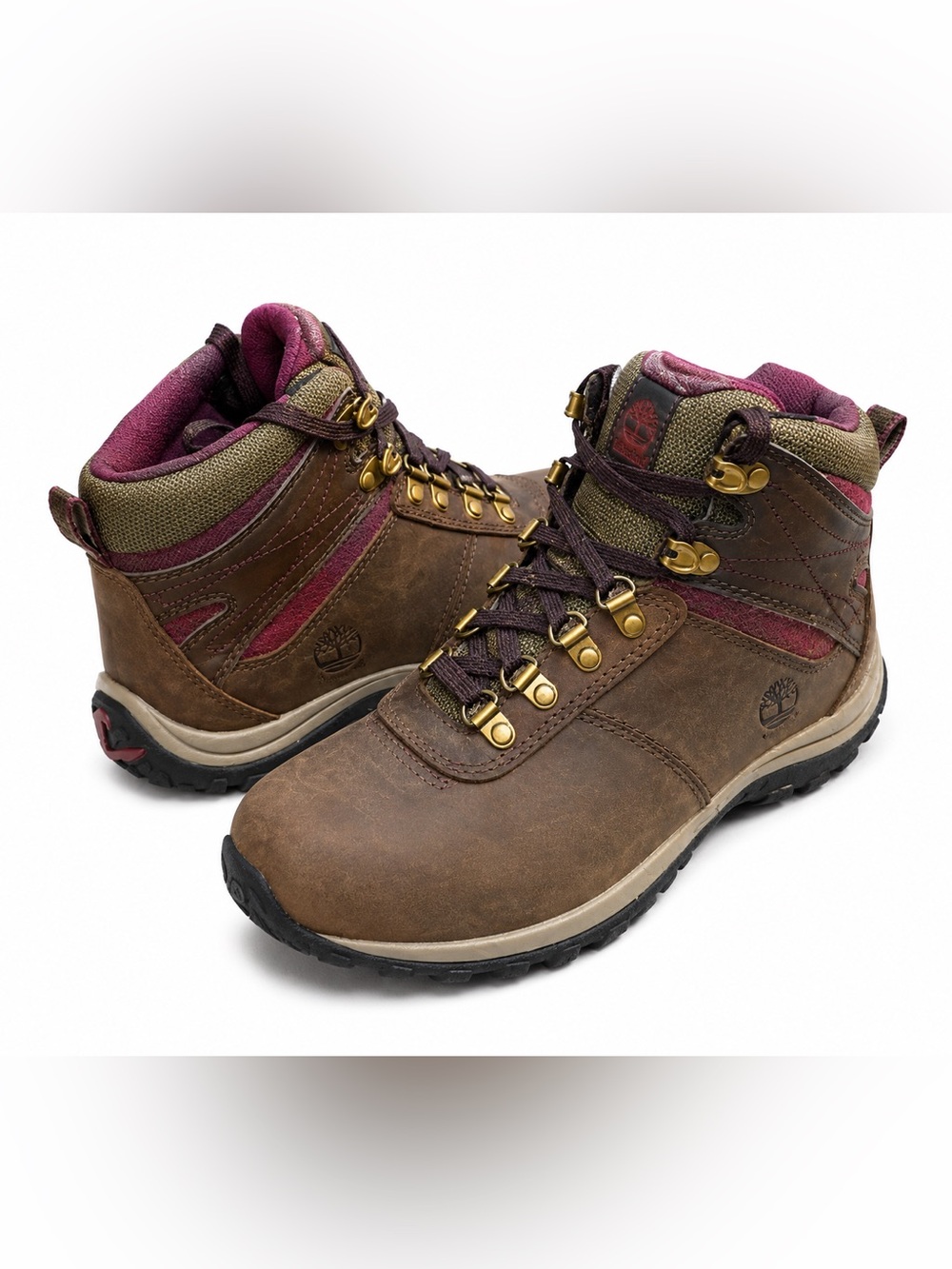 Timberland Brown Leather Lace-Up Hiking Boots with Burgundy Accents